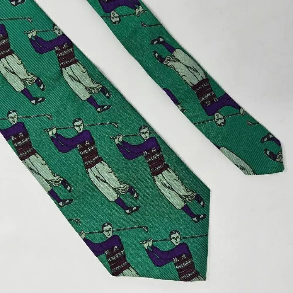 ROBERT TALBOTT CARMEL SILK TIE GREEN PURPLE VINTAGE GOLFER PRINT 3.75" X 56"